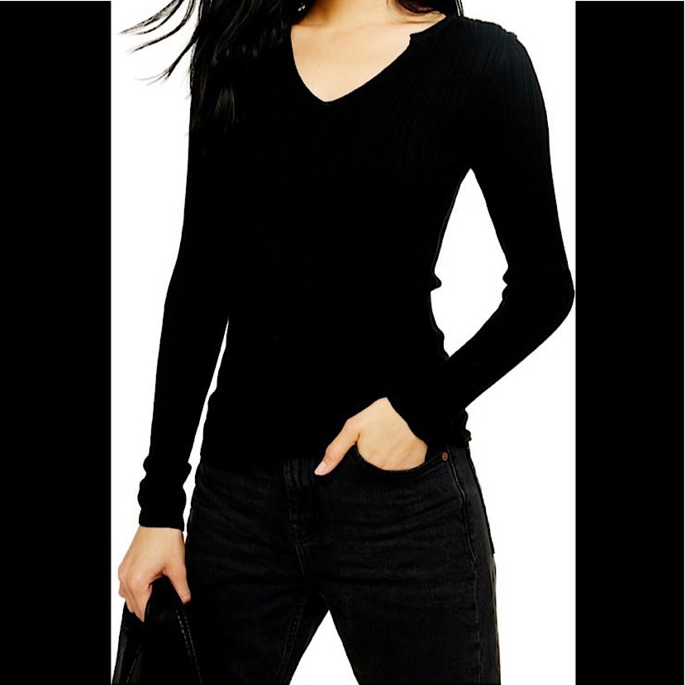 NWT Topshop Split Neck Ribbed Sweater - Black